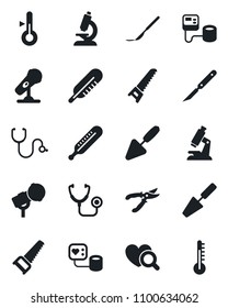 Set of vector isolated black icon - trowel vector, pruner, saw, stethoscope, blood pressure, thermometer, heart diagnostic, microscope, scalpel, microphone