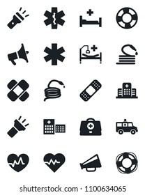 Set of vector isolated black icon - hose vector, heart pulse, doctor case, patch, ambulance star, car, hospital bed, loudspeaker, torch, crisis management