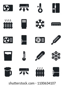 Set of vector isolated black icon - thermometer vector, heater, air conditioner, fridge, drink, beer, snowflake