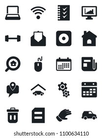Set of vector isolated black icon - mouse vector, document, glove, house, barbell, mobile tracking, news, mail, rec button, calendar, monitor statistics, checklist, notebook pc, garage, wireless