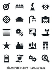 Set of vector isolated black icon - waiting area vector, gear, pedestal, calculator, heart hand, heavy scales, eye id, clipboard, manager desk, target, garage, bathroom, estate insurance, jalousie