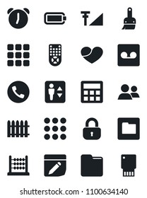 Set of vector isolated black icon - elevator vector, phone, fence, remote control, group, heart, menu, themes, calculator, alarm, record, folder, notes, cellular signal, battery, abacus, lock