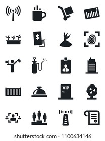 Set of vector isolated black icon - dispatcher vector, antenna, hot cup, reception bell, identity card, pedestal, sproute, seedling, garden sprayer, cargo container, barcode, hr, fruit tree