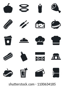Set of vector isolated black icon - coffee vector, pumpkin, diet, cook hat, reception, phyto bar, plates, bacon, cafe building, candle, alcove, credit card, kebab, ham, cutting board, cheese, fridge