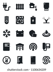 Set of vector isolated black icon - no mobile vector, phone back, home control, chip, power plug, remote, irrigation, water heater, wireless, snowflake, intercome, radiator, garage gate, protect
