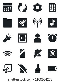 Set of vector isolated black icon - antenna vector, mobile, update, settings, themes, user, alarm, scanner, sim, folder, calendar, wireless, torch, mute, cut, compass, music, battery