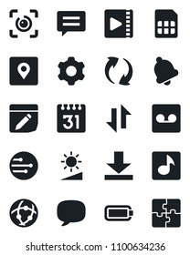 Set of vector isolated black icon - message vector, update, settings, bell, record, sim, network, calendar, notes, data exchange, download, brightness, place tag, eye id, music, video, battery