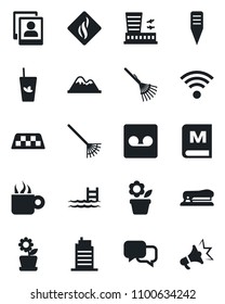 Set of vector isolated black icon - taxi vector, airport building, flower in pot, rake, plant label, dialog, record, photo gallery, stapler, pool, mountains, wireless, city house, menu, phyto bar