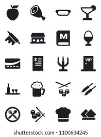 Set of vector isolated black icon - alcohol vector, cafe, cook hat, menu, cocktail, beer, egg stand, building, candle, vip zone, credit card, restaurant receipt, kebab, ham, hot dog, rolling pin