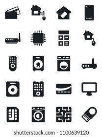 Set of vector isolated black icon - calculator vector, monitor, speaker, phone back, sim, washer, smart home, credit card, control, chip, remote, router, usb flash