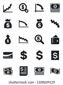 Set of vector isolated black icon - dollar sign vector, money bag, crisis graph, cash, receipt, credit card, wallet, growth, search