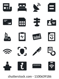 Set of vector isolated black icon - reception vector, identity card, document, reload, pulse clipboard, signpost, barcode, satellite antenna, radio phone, mail, sim, wireless, face id, news, pen