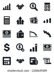 Set of vector isolated black icon - handshake vector, growth statistic, dollar sign, calculator, crisis graph, cash, news, bar, arrow up, wallet, money search, contract