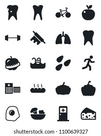 Set of vector isolated black icon - medical room vector, pumpkin, seeds, barbell, bike, run, lungs, tooth, caries, diet, hospital, pool, salad, bread, rolling pin, omelette, apple fruit, cheese
