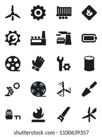 Set of vector isolated black icon - gear vector, factory, trowel, glove, saw, truck trailer, sea port, flammable, oil barrel, reel, battery, root setup, windmill, sun panel