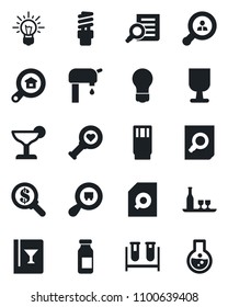 Set of vector isolated black icon - document search vector, bulb, blood test vial, heart diagnostic, ampoule, fragile, cargo, water supply, estate, client, alcohol, wine card, drink, cocktail, money