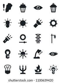 Set of vector isolated black icon - bulb vector, fire, sun, garden light, eye, traffic, torch, brightness, desk lamp, candle, smoke detector, outdoor, alarm led, idea