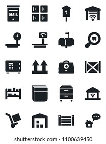 Set of vector isolated black icon - safe vector, checkroom, bird house, doctor case, container, cargo, up side sign, heavy scales, search, rack, blank box, archive, mailbox, warehouse, home message