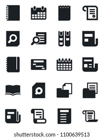 Set of vector isolated black icon - book vector, document search, notepad, calendar, contract, folder, news, copybook, schedule