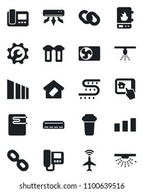 Set of vector isolated black icon - plane radar vector, drip irrigation, sorting, chain, root setup, air conditioner, smart home, water heater, intercome, control app, filter, sprinkler