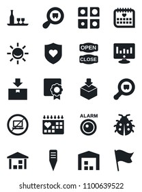 Set of vector isolated black icon - no laptop vector, statistic monitor, lady bug, plant label, heart shield, medical calendar, warehouse, package, search cargo, application, sertificate, alcohol