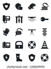 Set of vector isolated black icon - security gate vector, border cone, glove, boot, hose, heart shield, traffic light, protect, lock, key, intercome, home, sprinkler, crisis management