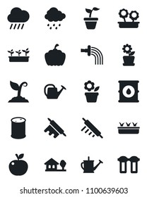 Set of vector isolated black icon - flower in pot vector, seedling, watering can, sproute, rain, pumpkin, oil barrel, house with tree, rolling pin, apple fruit, water filter