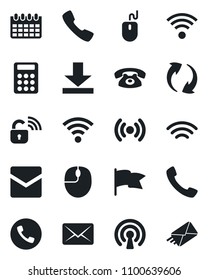 Set of vector isolated black icon - phone vector, mouse, calendar, call, update, mail, download, wireless, calculator, lock, flag
