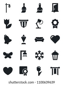 Set of vector isolated black icon - pennant vector, butterfly, garden light, heart, tulip, themes, bell, sertificate, desk lamp, cushioned furniture, snowflake, outdoor, door, pennon