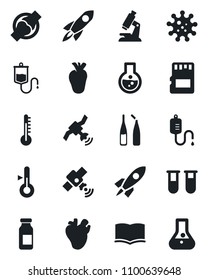 Set of vector isolated black icon - book vector, blood test vial, dropper, microscope, ampoule, real heart, joint, virus, satellite, sd, thermometer, rocket, flask