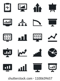 Set of vector isolated black icon - growth statistic vector, presentation board, monitor, pulse, clipboard, statistics, bar graph, pie, point, hierarchy, arrow up, crisis