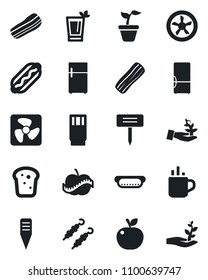Set of vector isolated black icon - hot cup vector, seedling, plant label, diet, fridge, drink, phyto bar, bacon, bread, kebab, dog, apple fruit, fan, palm sproute