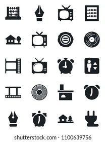 Set of vector isolated black icon - elevator vector, alarm clock, tv, abacus, stamp, fireplace, film frame, vinyl, ink pen, house with tree, power plug