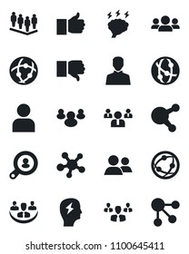 Set of vector isolated black icon - team vector, brainstorm, network, share, group, finger up, down, user, company, client search, social media