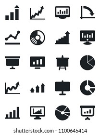 Set of vector isolated black icon - growth statistic vector, presentation board, crisis graph, monitor, circle chart, statistics, bar, pie, point, arrow up