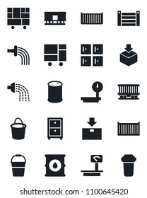 Set of vector isolated black icon - checkroom vector, bucket, watering, railroad, cargo container, consolidated, package, oil barrel, heavy scales, archive box, water filter