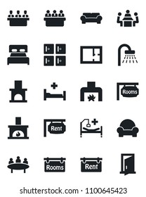 Set of vector isolated black icon - shower vector, checkroom, meeting, fireplace, hospital bed, plan, rent, rooms, bedroom, cushioned furniture, door