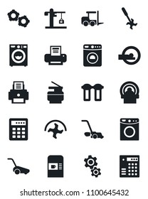 Set of vector isolated black icon - coffee machine vector, washer, fork loader, gear, ripper, lawn mower, tomography, printer, copier, crane, water filter, combination lock