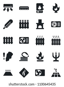Set of vector isolated black icon - fire vector, hose, fireplace, thermometer, heater, air conditioner, candle, water, smoke detector, radiator, warm floor
