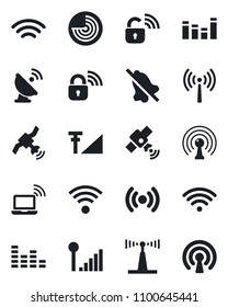 Set of vector isolated black icon - antenna vector, wireless notebook, radar, satellite, equalizer, mute, cellular signal, lock