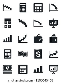 Set of vector isolated black icon - calculator vector, crisis graph, receipt, bar, wallet, growth, cash, presentation