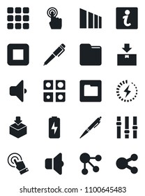 Set of vector isolated black icon - package vector, sorting, settings, touch screen, stop button, menu, folder, charge, application, pen, sound, information, social media