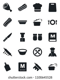 Set of vector isolated black icon - cook vector, cafe, hat, menu, bacon, salt and pepper, ham, bowl, rolling pin, cutting board, knife, steaming pan