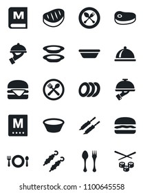 Set of vector isolated black icon - spoon and fork vector, dish, cafe, menu, plates, waiter, steak, kebab, hamburger, bowl, sushi