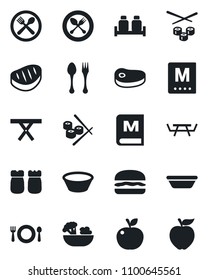 Set of vector isolated black icon - spoon and fork vector, picnic table, cafe, menu, salad, salt pepper, steak, hamburger, bowl, sushi, apple fruit