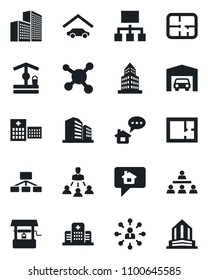 Set of vector isolated black icon - hierarchy vector, well, hospital, molecule, office building, garage, plan, home message