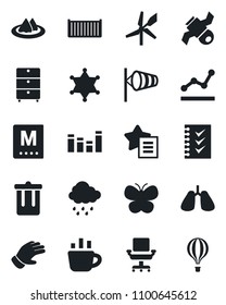 Set of vector isolated black icon - trash bin vector, wind, coffee, glove, butterfly, rain, lungs, satellite, cargo container, archive chest, equalizer, favorites list, office chair, checklist, menu