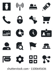 Set of vector isolated black icon - antenna vector, baggage conveyor, male, identity, lock, circle chart, broken bone, call, settings, clock, application, calendar, document search, support, pencil