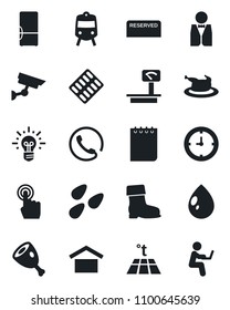 Set of vector isolated black icon - train vector, notepad, boot, water drop, seeds, pills blister, clock, warehouse storage, heavy scales, touch screen, fridge, phone, waiter, reserved, chicken, ham