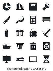 Set of vector isolated black icon - pennant vector, circle chart, sickle, garden knife, bench, scales, tv, torch, presentation board, document folder, calculator, stapler, washer, heater, candle